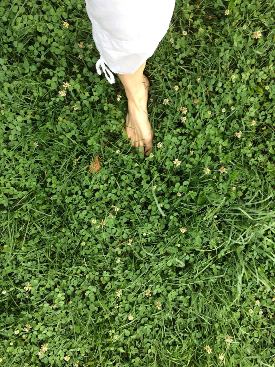 Close up of feet walking in green grass